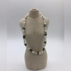 Vintage KR Faux Pearl Necklace With Iridescent, Silver, Bronze Beads 22” Adj.
